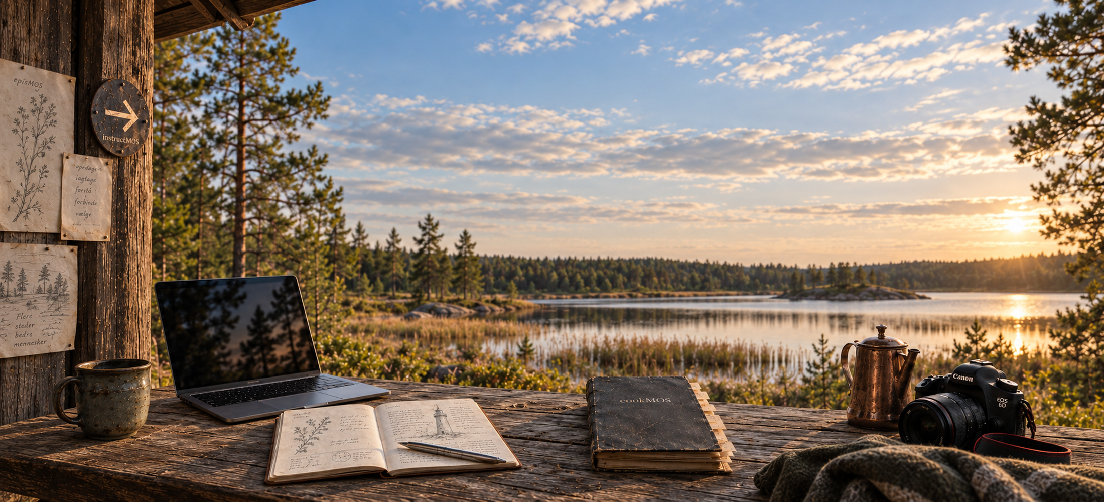 Nordisk feltstation ved en rolig skovsø med arbejdsbord, notesbog, laptop, kamera og feltudstyr.